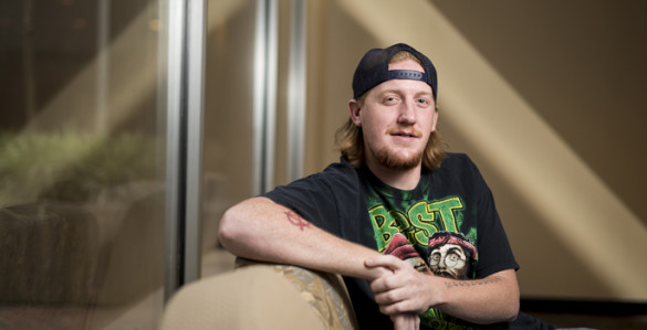 Geoffrey Slayden of Murray, Kentucky, knows now how lucky he is to be alive after abscessed teeth required emergency surgery and several days in intensive care at VUMC. (photo by Joe Howell)