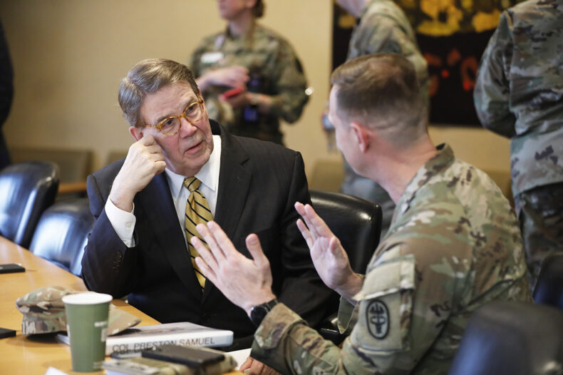 C. Wright Pinson, MBA, MD, speaks with Col. Samuel L. Preston, commander of Fort Campbell’s Blanchfield Army Community Hospital (BACH). (Photo by Donn Jones)