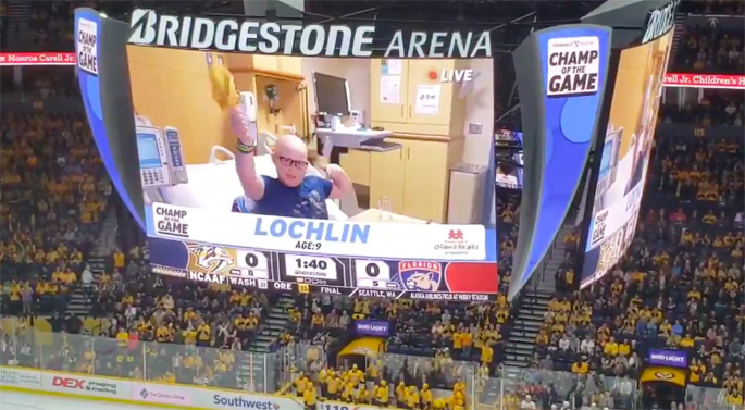 Monroe Carell Jr. Children’s Hospital at Vanderbilt patient Lochlin Morris is shown here being featured on the jumbotron at a Nashville Predators game in October 2019, prior to social distancing.