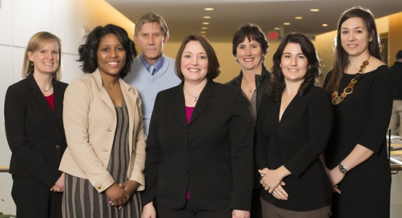 Vanderbilt’s ASPIRE Program includes, from left, Abigail Brown, Ph.D., director, outcomes research; D’Anne Duncan, Ph.D., program manager, Broadening Experiences in Scientific Training; Roger Chalkley, D.Phil., senior associate dean for Education in Biomedical Sciences; Kimberly Petrie, Ph.D., director of the BRET Office of Career Development; Kathleen Gould, Ph.D., associate dean for Biomedical Sciences; Ashley Brady, Ph.D., director of career engagement and strategic partnerships; and Kate Stuart, program manager of the Office of Career Development. (photo by Joe Howell)