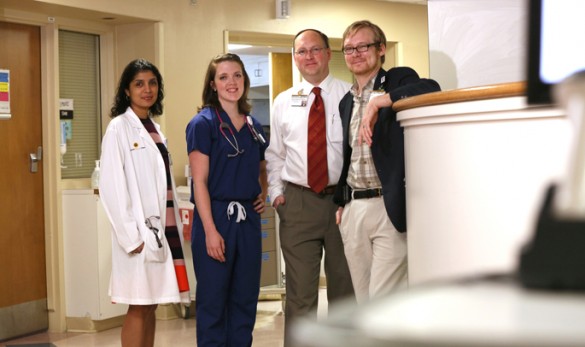 The palliative care team behind the Vigil Volunteer program includes, from left, Mohana Karlekar, M.D., Rebecca Hixson, R.N., Andy Peterson, M.Div., and Matt Frierdich, M.Div. (photo by Anne Rayner)