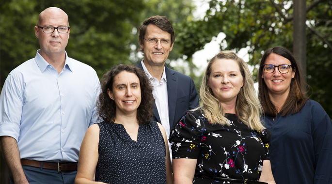 The psychosis study team includes, from left, Neil Woodward, PhD, Maureen McHugo, PhD, Stephan Heckers, MD, MSc, Suzanne Avery, PhD, and Kristan Armstrong, PhD.