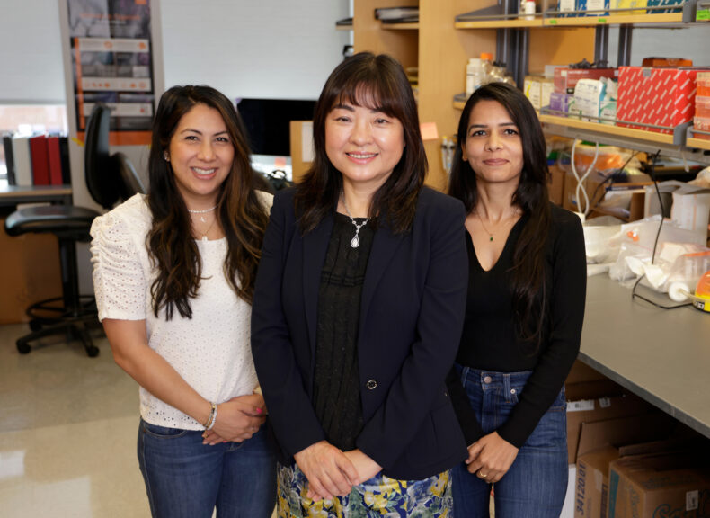 Fang Yan, MD, PhD, center, with fellows Nikita Laichandani Day, MBBS, left, and Harpreet Kaur, PhD, are investigating how a carbohydrate in human milk may protect the adult intestinal barrier. (photo by Donn Jones)