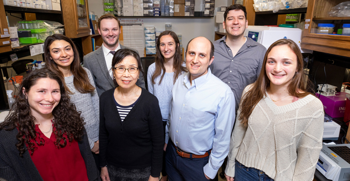 The research team included, from left, Hannah Poisner, Sydney Olson, J. Brett Heimlich, MD, PhD, Ningning Hu, MS, Alyssa Parker, Alexander Bick, MD, PhD, Joseph Van Amburg and Tara Mack.