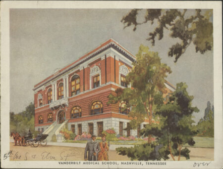 This lithographic illustration depicts the Vanderbilt Medical School building in downtown Nashville in 1895. (Historic Images of VUMC, EBL Special Collections)