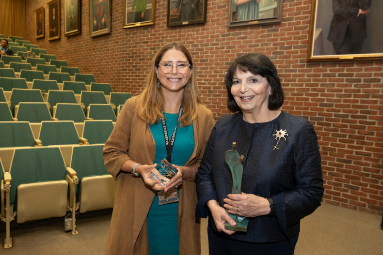 The 2025 Vanderbilt Prize Student Scholar, Kimberly Bress, left, poses with her mentor, Vanderbilt Prize winner Huda Akil, PhD. (photo by Susan Urmy)