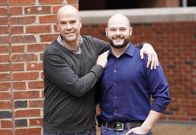Stem cell recipient Todd Adams, left, and donor Josh Ferris met in person for the first time last week at VUMC.