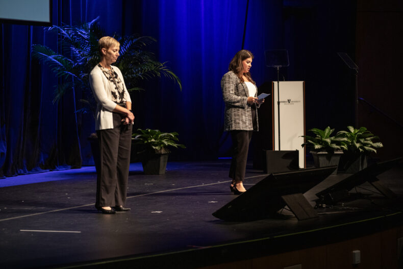Heidi Schaefer, MD, and Amanda Lyles, RN, MMHC, discuss how access to lifesaving organ transplants has been improved by extending services to underserved populations. An outreach team partners with community providers to bring care to where patients live throughout the region, leading to tremendous growth in the number of transplants. (photo by Erin O. Smith)