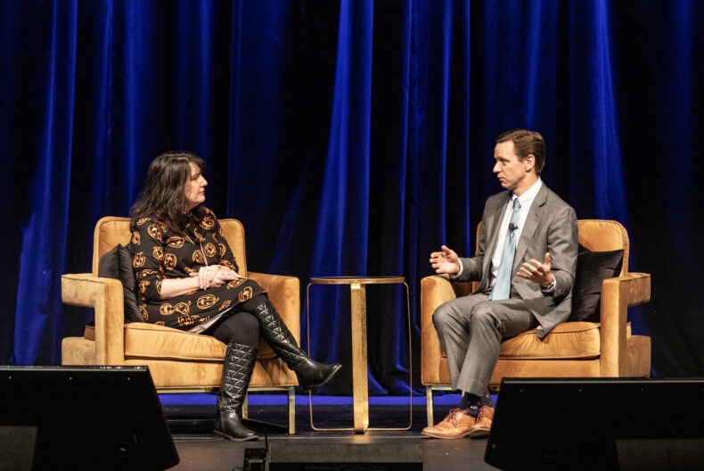 Patty Wright, MD, chief medical officer of Adult Ambulatory Clinics and professor of Medicine, and Adam Huggins, MD, Vanderbilt Regional Hospital Division chief of staff, speak on the significant impact of the regional hospital systems. (photo by Erin O. Smith)