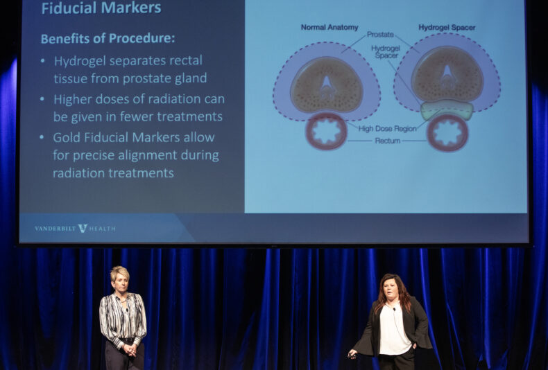 Lori Martin, MBA, left, and Morgan Vaughn, MHSc, from Vanderbilt-Ingram Cancer Center at Vanderbilt Wilson County Hospital explain how the center reduces three days of prep and planning appointments for patients diagnosed with prostate cancer to a single day, meaning treatment can begin two to four weeks sooner. (photo by Erin O. Smith)