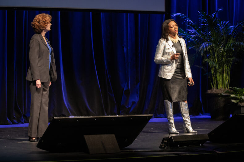 Clisby Hall, JD, left, and Consuelo Wilkins, MD, MSCI, share an update on the transformative impact of VUMC’s Mutual Respect policy enacted in 2023. The policy is rooted in the principle that while patients can refuse care, this right does not supersede employees’ right to work free from racism, bias and discrimination. They encouraged employees to continue to report incidents and to complete VUMC’s Mutual Respect training. (photo by Erin O. Smith)