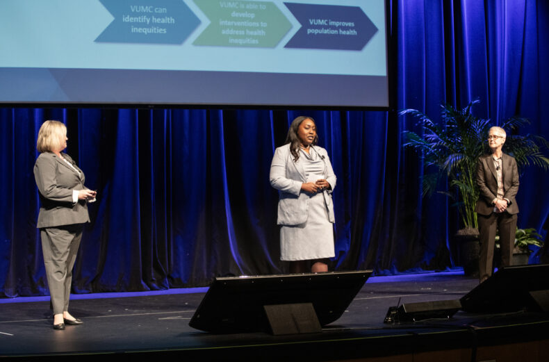 From left, Maggie McGrady-Sumonka, MBA, Autumn Montgomery, MSPH, and Kelly Moore discuss how high-quality race, ethnicity and language data play a vital role in identifying and addressing health disparities to improve health outcomes. From front-line staff collecting this crucial information to researchers utilizing it to enhance outcomes, this work is essential. (photo by Erin O. Smith)