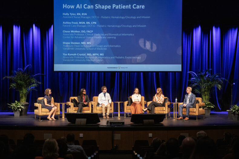 Elizabeth Rose, EdD, MPH, MEd, far left, moderates a panel about pioneering projects that are reshaping health care using artificial intelligence (AI). The Pediatric Infusion Center has implemented iQueue’s AI for real-time patient assignments, achieving the addition of 19 infusion slots weekly. Tools like AI Inbasket, DAX-generated notes, and VUMC aiChat are improving diagnostic accuracy while strengthening the provider-patient relationship. Panel participants are, left to right, Yaa Kumah-Crystal, MD, MPH, MS, Chase Webber, DO, Ashley Frost, MSN, RN, CPN, Holly Tyler, RN, and Shane Stenner, MD, MS. (photo by Erin O. Smith)