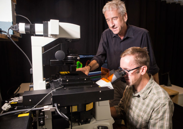 Ian Macara, chair of Cell and Developmental Biology, and Matt Tyska, professor of cell and developmental biology and director of the Cell Imaging Shared Resource Center of Excellence Microscopy Lab. (Susan Urmy/Vanderbilt)