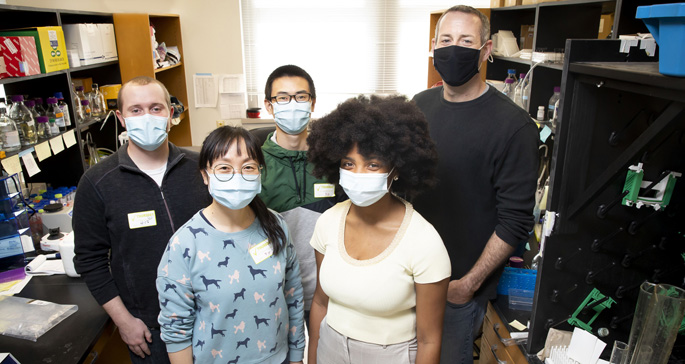 The team studying the regulation of innate immune response includes (front row, from left) Yang Zhao, Antiana Richardson, (back row, from left) John Karijolich, PhD, Xiang Ye and William Dunker.
