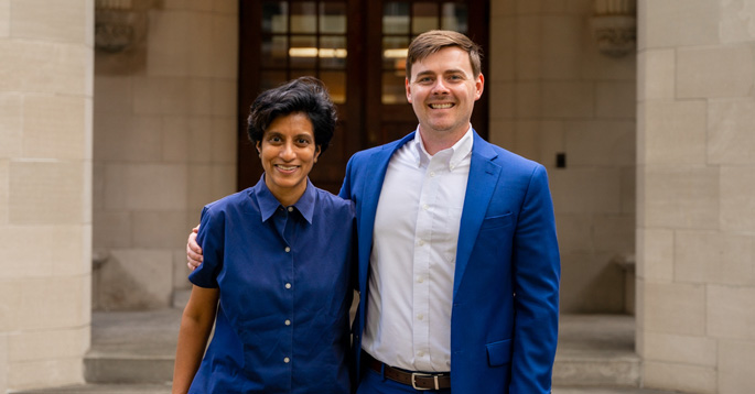 Mary Philip, MD, PhD, left, and Michael Rudloff, PhD, found that T cells become “exhausted” within hours of encountering a tumor, challenging existing ideas about how T cells become dysfunctional. (photo by Anthony Czelusniak)