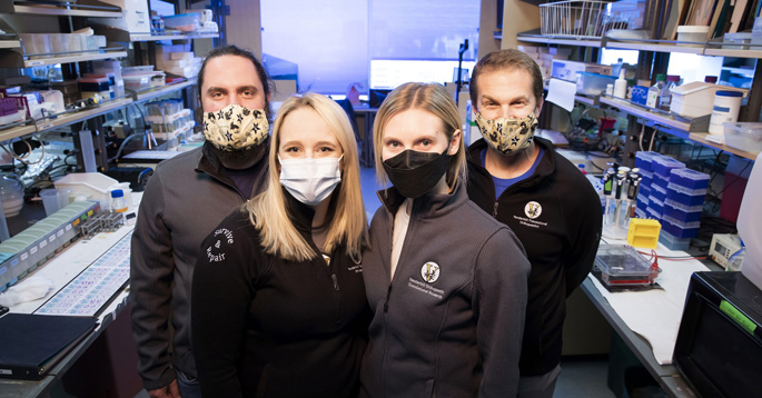 From left, J.Court Reese, Stephanie Moore-Lotridge, PhD, Breanne Gibson, PhD, and Jonathan Schoenecker, MD, PhD, are discovering ways to prevent adverse outcomes in orthopaedic surgery.