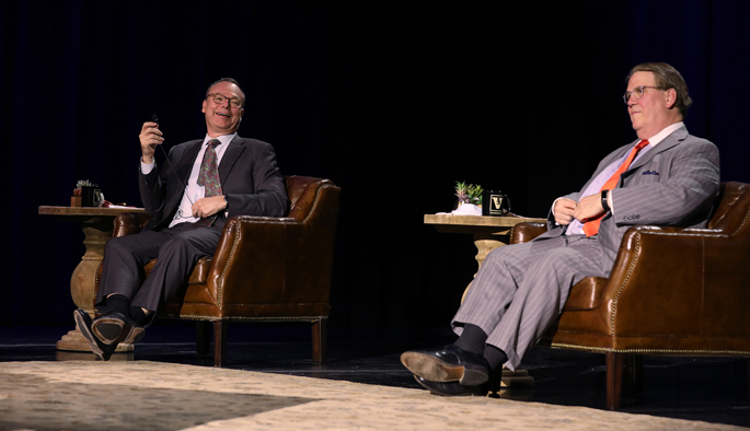 Jeff Balser, MD, PhD, left, and C. Wright Pinson, MBA, MD, practiced social distancing during the filming of last week’s Leadership Assembly.