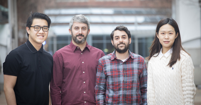The study team included, from left, Linh Tran, Ruben Barricade, PhD, Jaren Perez, and Xin Zhen. (photo by Susan Urmy)