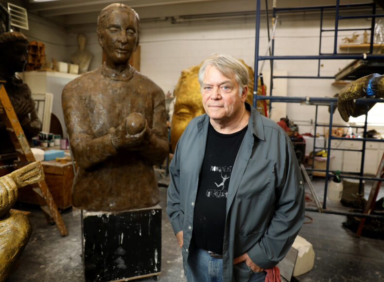 Sculptor Alan LeQuire with the statue he made of Mildred T. Stahlman, MD, for his exhibit at the Parthenon in Nashville’s Centennial Park. (photo by Erin O. Smith)