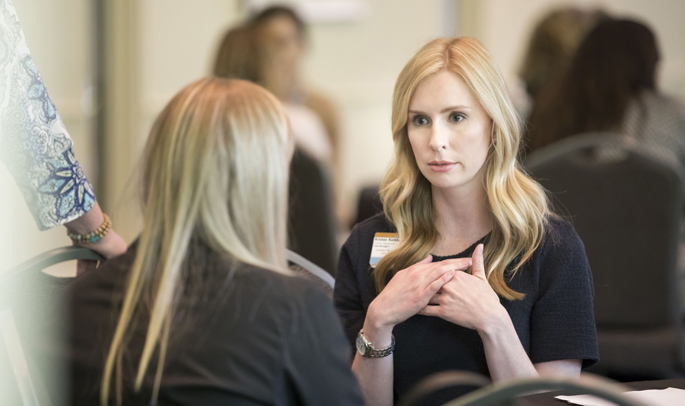 Kristen Kerkhove, RN, practices strategies for delivering bad news to patients at the recent Palliative Care Conference. (photo by Susan Urmy)