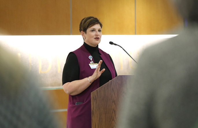 Jenny Slayton, DNP, RN, Senior Vice President for (QSRP) spoke to VUMC leaders about a new awards program — the QSRP Pursuit of Excellence Award.