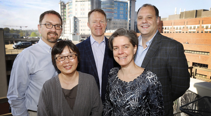 The Vanderbilt team studying histoplasmosis includes (front row, from left, Heidi Chen, PhD, Melinda Aldrich, PhD, MPH, (back row, from left) Stephen Deppen, PhD, Eric Grogan, MD, MPH, and Jeffrey Blume, PhD.
