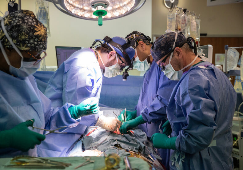 On Jan. 15, Kascey Malone, CST, Aaron Williams, MD, Sean Bunch, RN, and Yatrik Patel, MD, perform one of Vanderbilt’s 184 heart transplants. (photo by Erin O. Smith)