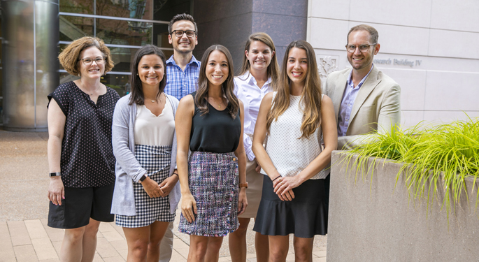 Martha Dudek, left, with new Master of Genetic Counseling students (front row, from left) Gianna Petrelli, Carly Smith, Alexa De la Vega, (back row, from left) Erin Griffin, Emma Metz and Lucas Richter.