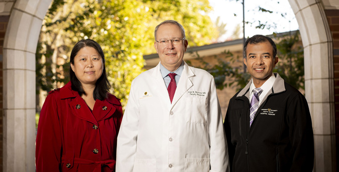 From left, Dandan Liu, PhD, Alan Storrow, MD, and Sunil Kripalani, MD, MSc, are testing the real-world implementation of a risk stratification tool to avoid unnecessary hospital admissions of patients diagnosed with acute heart failure in the emergency department.