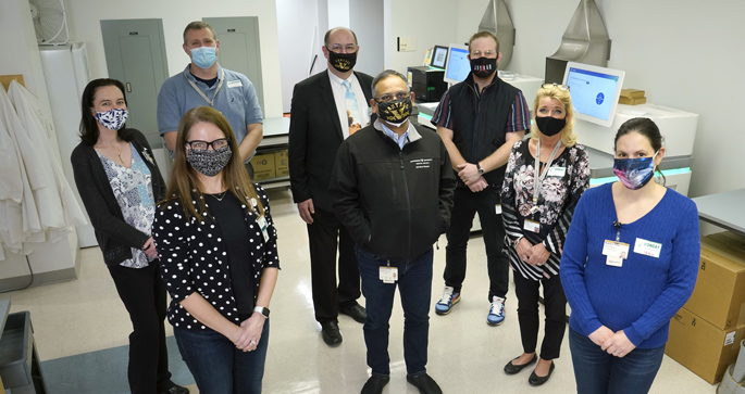 Contributors to the COVID-19 microbiome study include (front row, from left) Julie Bastarache, MD, Meghan Shilts, MS, MHS, (middle row, from left) Jodell Jackson, PhD, Suman Das, PhD, Angela Jones, MS, (back row, from left) Jonathan Schmitz, PhD, MD, Simon Mallal, MBBS, and Jordan Best, PhD. 
