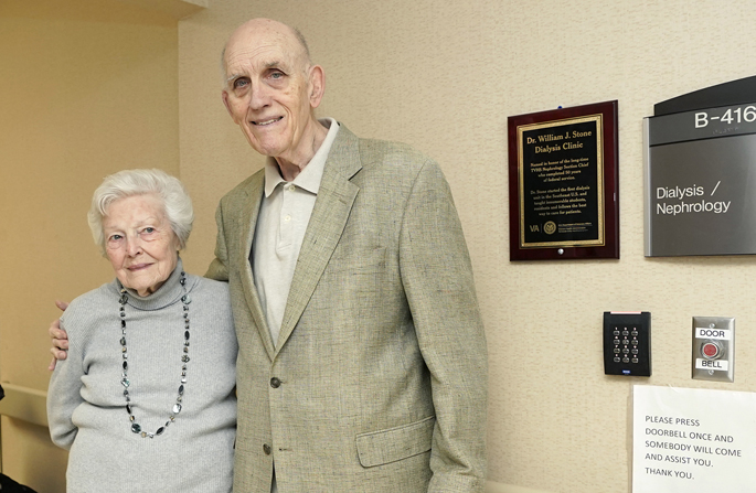 Recently retired nephrologist William Stone, MD, here with his longtime assistant Darlene Anderson, at the Nashville Veterans Affairs hospital’s dialysis unit, which was renamed in Stone’s honor.