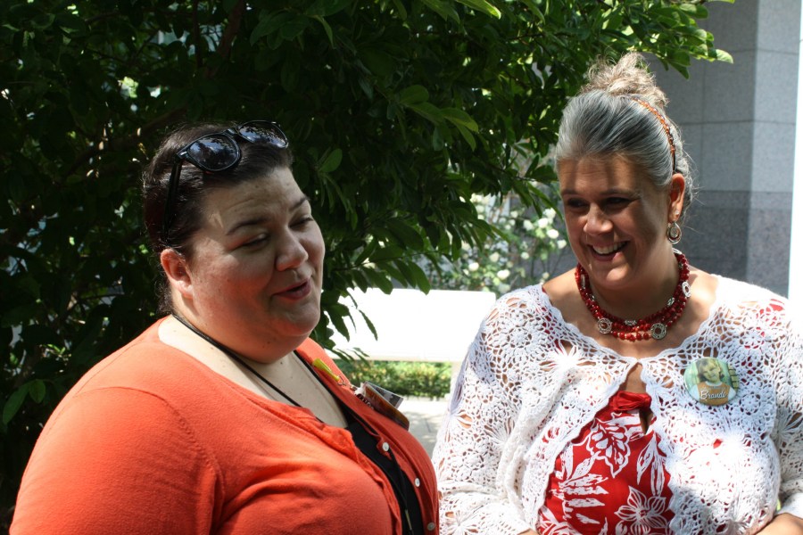Jodi Thompson, right, reminisces about her daughter Brandi with Sara Reynolds, Child Life specialist at Children’s Hospital. (photo by Jeremy Rush)