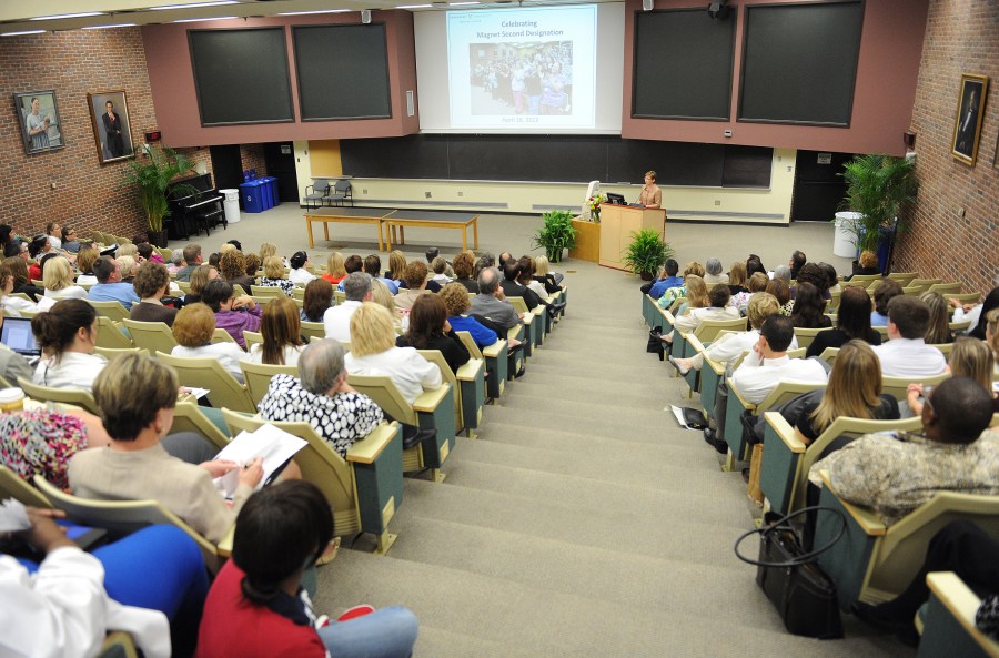 In her Light Hall address, Marilyn Dubree, MSN, R.N., discusses the accomplishments of VUMC’s nearly 5,000-member nursing workforce. (photo by Joe Howell) 