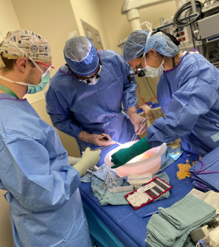 From left, Sean Kisch, MD, general surgery resident, Wali Johnson, MD, transplant surgery fellow, Rachel Forbes, MD, MBA, perform one of the Labor Day weekend transplants.