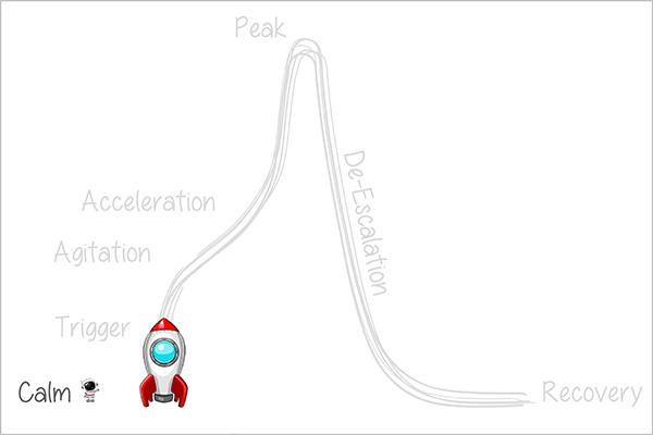 Acting-Out Cycle: Calm, Trigger, Agitation, Acceleration, Peak, De-Escalation, and Recovery Phases.