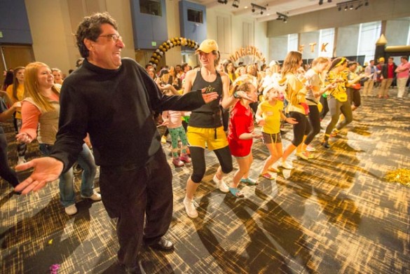 Chancellor Nicholas S. Zeppos (far left) joins Vanderbilt students for Dance Marathon's Big Event 2015. (Daniel Dubois/Vanderbilt)