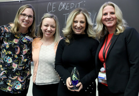 Kim Sandler, MD, second from right, received the Advanced Practice Ambassador Award at the Advanced Practice Grand Rounds kickoff. With her are, from left, Jessica Walker, DNP, APRN, Alexis Paulson, MSN, APRN, and Amanda Dickert, CRNA.