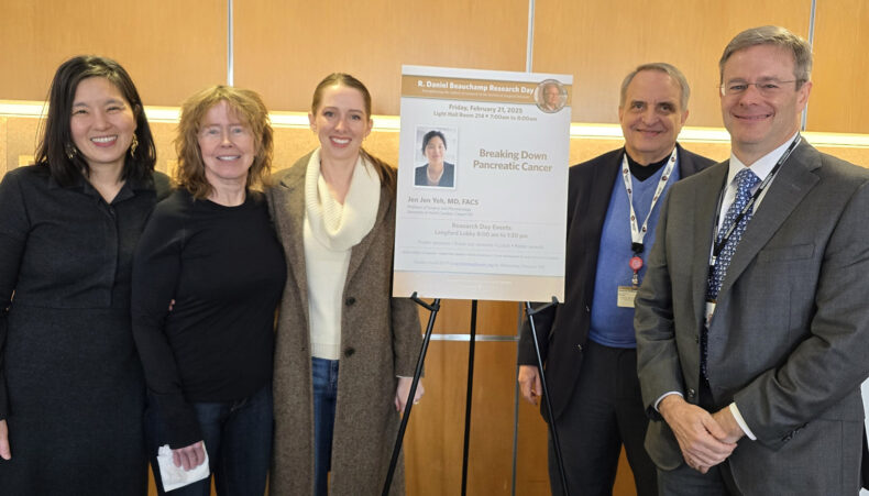 Colleagues, trainees and family members attended the recent Beauchamp Research Day. Left to right are invited lecturer Jen Jen Yeh, MD, Beauchamp’s wife Shannon, daughter Bryn, James Goldenring, MD, PhD, Paul W. Sanger Professor of Experimental Surgery and vice chair for Surgical Research, and Seth Karp, MD, H. William Scott Jr. Professor of Surgery and chair of the Section of Surgical Sciences. (photo by Khristina Prince)