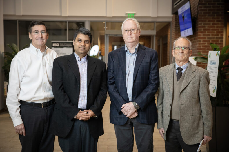This year’s awardees are, from left, Stokes Peebles, MD, Ravi Shah, MD, John Gore, PhD, and Jeffrey Davidson, PhD. (photo by Erin O. Smith)