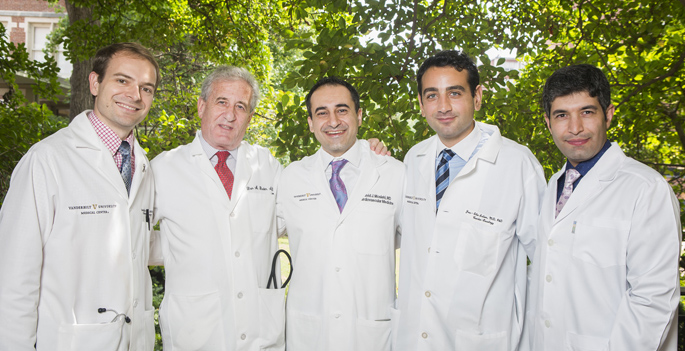 The study team included, from left, Douglas Johnson, MD, Dan Roden, MD, Javid Moslehi, MD, Joe-Elie Salem, MD, PhD, and Ali Manouchehri, MD.