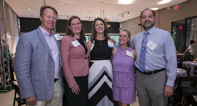 Elizabeth “Betsy” Barbour, center, spoke about her husband’s transplant journey at the annual VUMC donor event. With her are, from left, Eric Grogan, MD, MPH, Ciara Shaver, MD, PhD, Jennifer Gray, PharmD, and Ivan Robbins, MD.