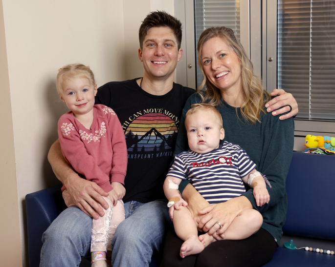 Transplant patient Cameron Campbell with his parents, Krissy and Jimmy, and older sister, Callie.