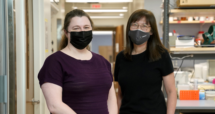 Deanna Edwards, PhD, left, Jin Chen, MD, PhD, and colleagues are studying a new therapeutic strategy for triple-negative breast cancer.