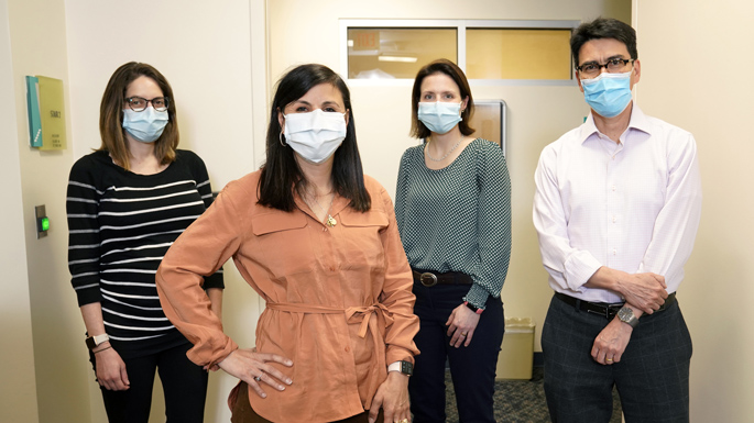 The new multisystem inflammatory syndrome in children clinic team includes, from left, Sophie Katz, MD, MPH, Natasha Halasa, MD, MPH, Anna Patrick, MD, PhD, and David Parra, MD.