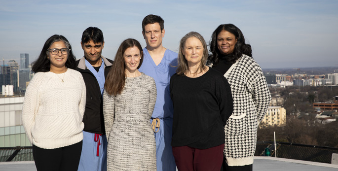 The TOWAR team includes, from left, Sadia Laghari, MLS(ASCP); Mayur Patel, MD, MPH; Ashley Panas, MD, MPH; Allan B. Peetz, MD, MPH; Christy Kampe MAcc, CCRP, CIP; and April Johnson.