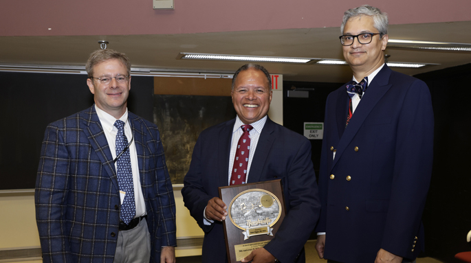 Robert S.D. Higgins, MD, MSHA, center, with Seth Karp, MD, left, and Sunil Geevarghese, MD.