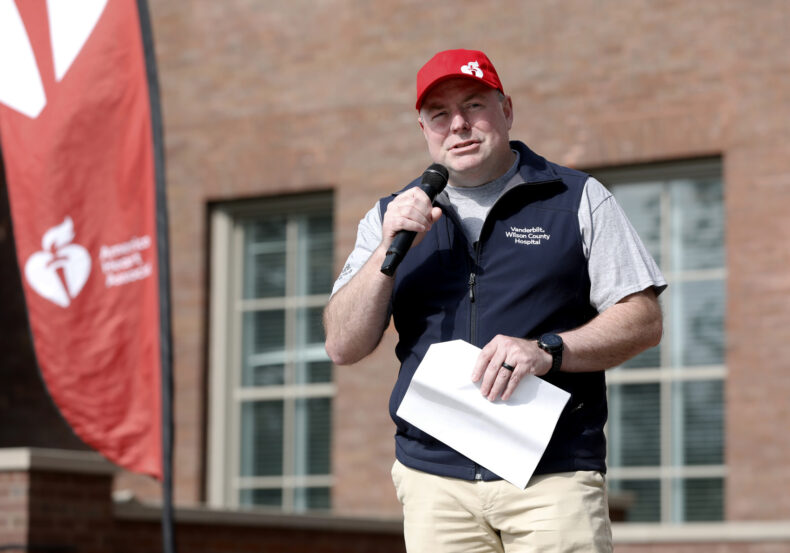 Scott McCarver, president of Vanderbilt Wilson County Hospital, addresses the crowd before the start of the Wilson County Heart Walk. (photo by Donn Jones)
