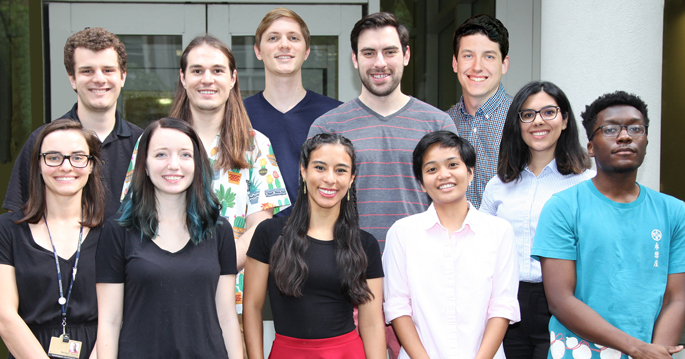 Recipients of the 2019 Dean’s Award for Exceptional Achievement in Graduate Studies are (front row, from left) Margaret Axelrod, Abigail Neininger, Alejandra Romero-Morales, Sheryl Vermudez, Demond Williams, and (back row, from left) James O’Connor, Manuel Castro, Matthew Cottam, Matthew Wleklinski, Michael Doyle and Azadeh Hadadianpour.