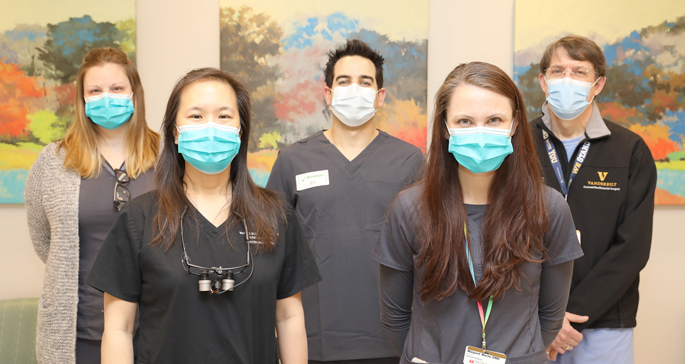 Members of the Vanderbilt Oral Health team include (front row, from left) Julie Rezk, DMD, Margaret Maclin, DMD, (back row, from left) Kelly Norris, DMD, Tyler Ames, DMD, and Samuel McKenna, MD, DDS. Oral and maxillofacial surgeons not pictured include Susie Lin, DDS, MD, Ashish Sharma, BDS, MSD, and Luis Vega, DDS.